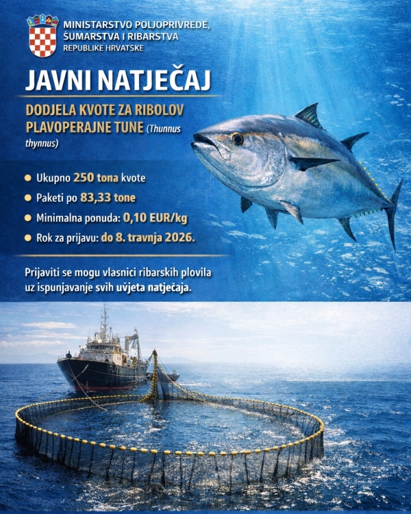 JAVNI NATJEČAJ za dodjelu dijela državne kvote za ribolov plavoperajne tune (Thunnus thynnus) okružujućom mrežom plivaricom tunolovkom u 2026. godini