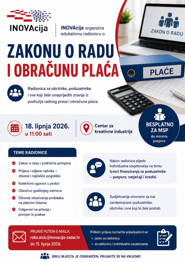 INOVAcija organizira edukativnu radionicu o Zakonu o radu i obračunu plaća