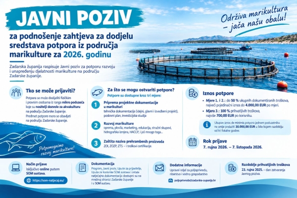 JAVNI POZIV ZA DODJELU POTPORA IZ PODRUČJA MARIKULTURE ZA 2026. GODINU