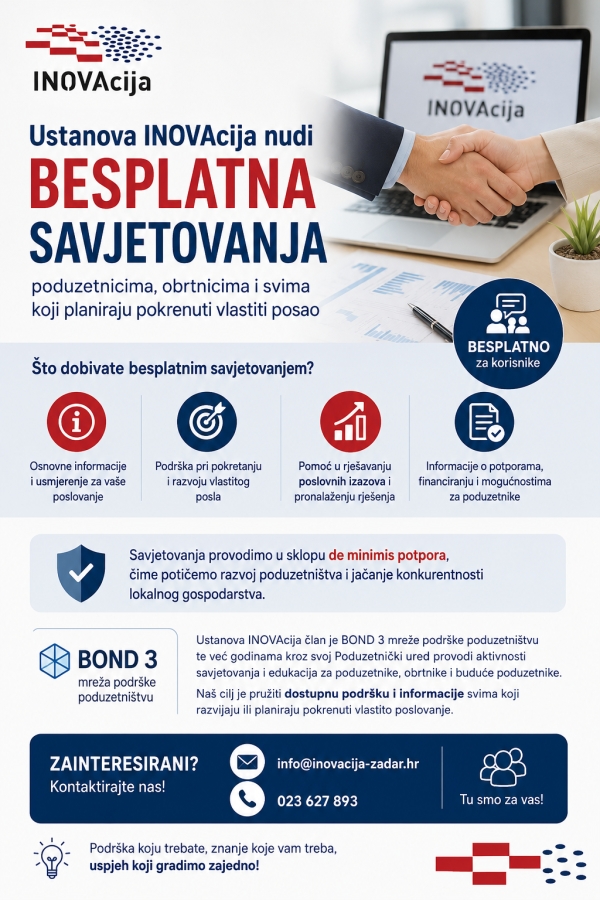 Ustanova INOVAcija nudi besplatna savjetovanja poduzetnicima, obrtnicima i svima koji planiraju pokrenuti vlastiti posao