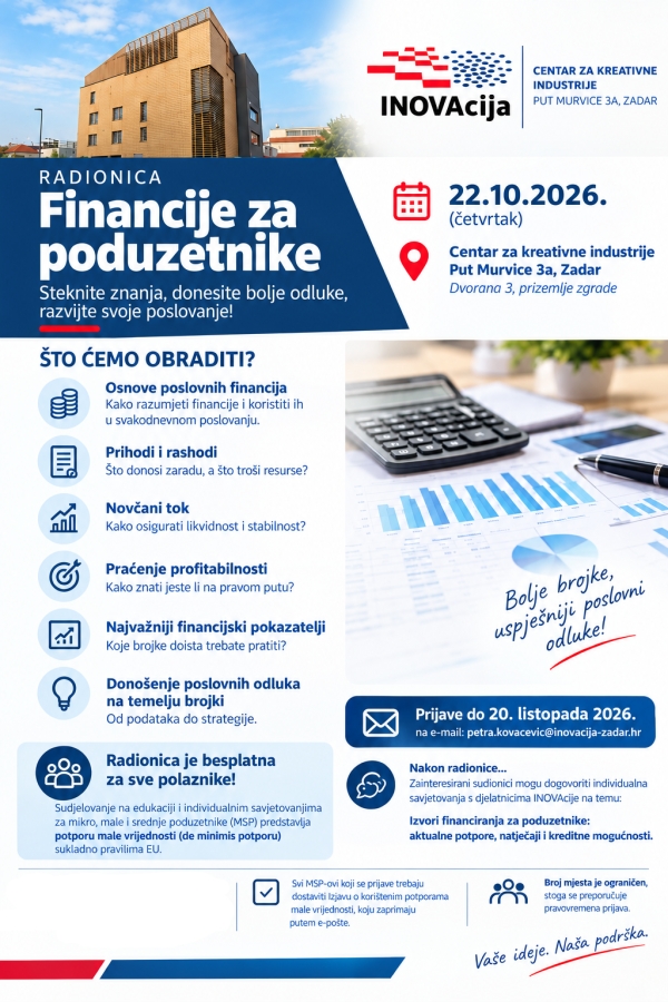 Ustanova INOVAcija organizira besplatnu radionicu „Financije za poduzetnike” 22. listopada u Zadru